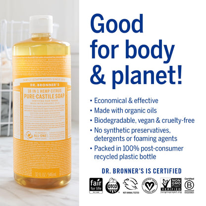 Pure - Castile Liquid Soap (Citrus, 32 oz, 2 - Pack) - Organic Oil Formula, 18 - in - 1 Versatility for Face, Body, Hair, Laundry, Pets, and Dishes, Concentrated, Vegan, Non - GMO - Born this WayPure - Castile Liquid Soap (Citrus, 32 oz, 2 - Pack) - Organic Oil Formula, 18 - in - 1 Versatility for Face, Body, Hair, Laundry, Pets, and Dishes, Concentrated, Vegan, Non - GMOBorn this WayBorn this Way