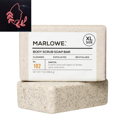No. 102 Body Scrub Soap 7 Oz (6 Bars), Santal, Exfoliating Soap Bar with Shea Butter, Olive Oil & Green Tea Extracts, Cleanses, Smooths & Revitalizes Skin, Warm Amber, Spice & Citron Scent