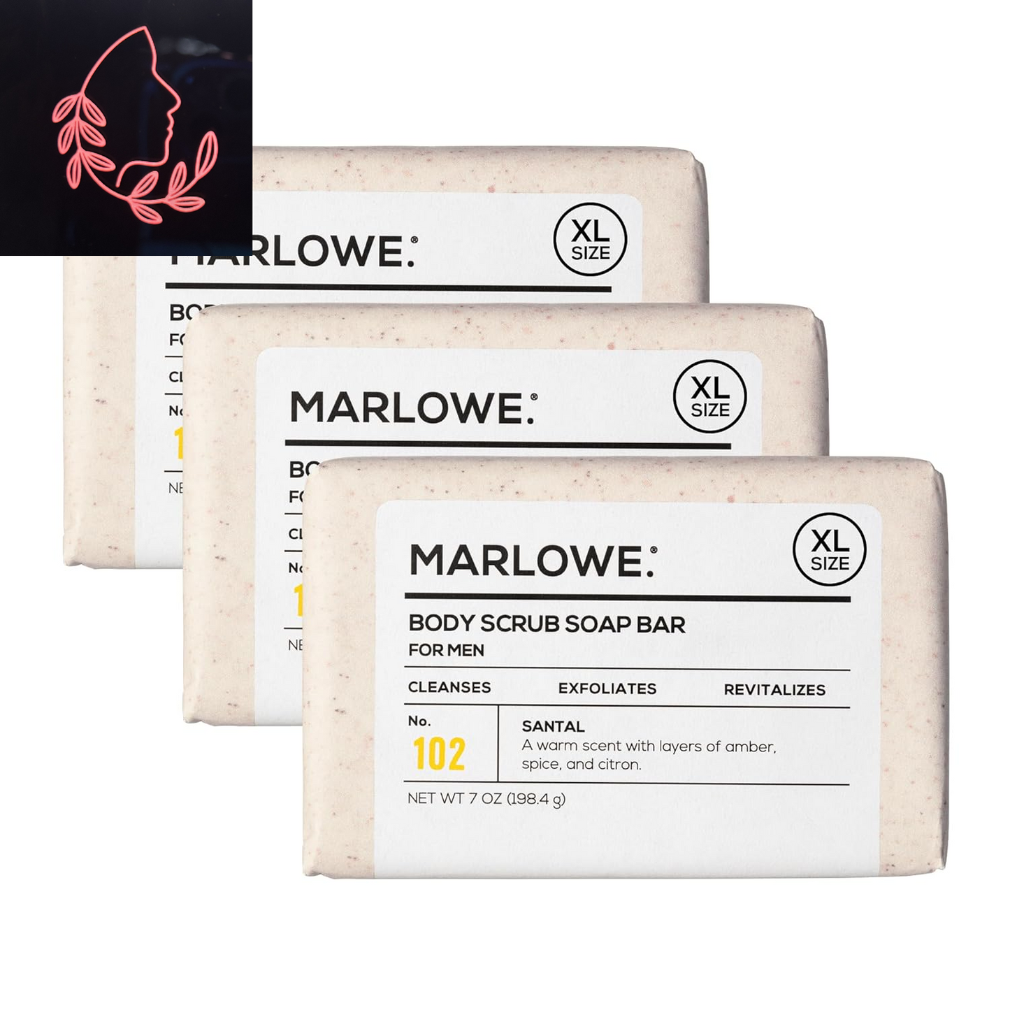 No. 102 Body Scrub Soap 7 Oz (6 Bars), Santal, Exfoliating Soap Bar with Shea Butter, Olive Oil & Green Tea Extracts, Cleanses, Smooths & Revitalizes Skin, Warm Amber, Spice & Citron Scent