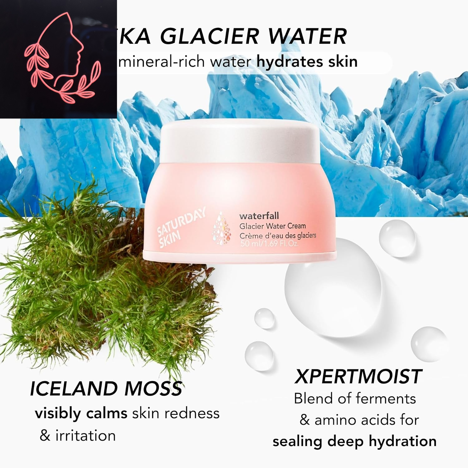 Waterfall Glacier Water Face Cream - Lightweight Oil-Free Moisturizer for Oily Skin, Perfect Day & Night Gel Cream (1.69 Fl Oz)