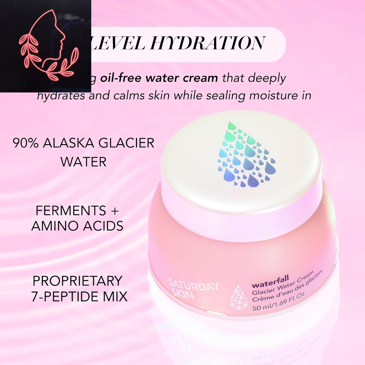 Waterfall Glacier Water Face Cream - Lightweight Oil-Free Moisturizer for Oily Skin, Perfect Day & Night Gel Cream (1.69 Fl Oz)